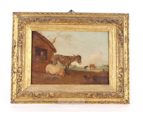 19th Century Norwich school, study of cattle and chickens with figures in a nearby barn, landscape and church beyond, unsigne