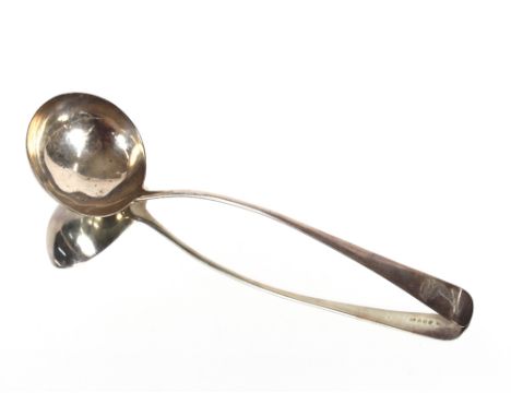 A George III silver "Old English" pattern soup ladle, engraved with family crest, London 1793