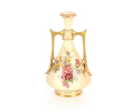 A Royal Worcester vase, having painted foliate spray decoration on a blush ivory ground, flanked by angular gilt handles, 25.