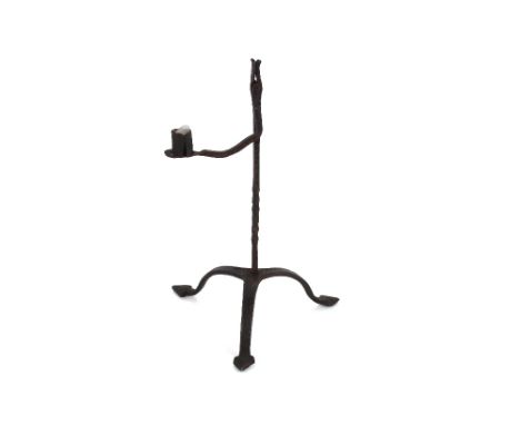An 18th Century wrought iron tripod rush light and candle holder, 33cm high&nbsp;