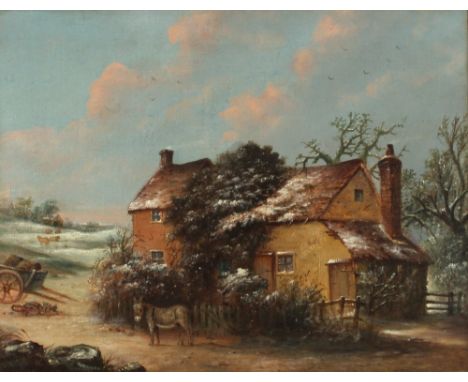 C. M. Maskell, study of a wintry rural scene with donkey and cart outside of a cottage, sheep and barn in the far ground, oil