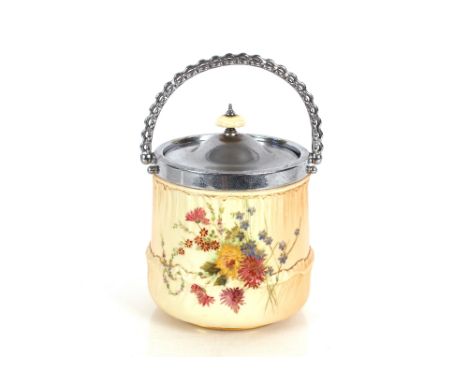 A Royal Worcester biscuit barrel, having painted foliate spray decoration on a blush ivory ground, chrome mounts, 16cm high&n