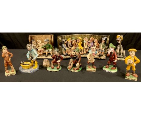 A Will Young Runnaford Pottery Widdecombe Fair model, Uncle Tom Cobley and all seated on a demi-lune bench, 28cm wide; anothe