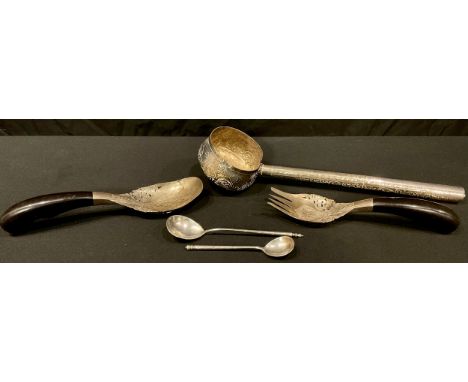 A 19th century Russian spoon; another; a pair of Asian servers; a ladle (5) 