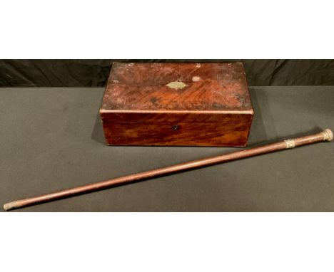 A Victorian mahogany folding writing slope; a Victorian walking stick, silver buckle collar and haft, Birmingham 1892 (2) 