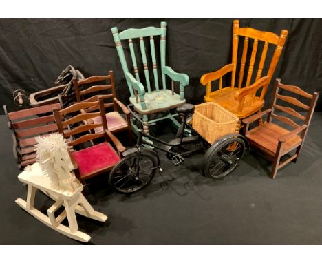 Miniature Furniture - a cast iron and mahogany bench, 23cm high, 18cm wide; two miniature rocking chair, one painted, 41cm hi