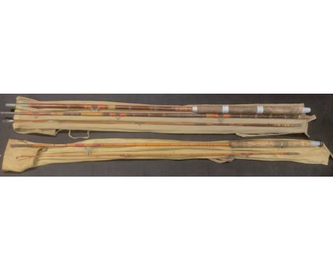 A split cane three piece fishing rod, R Sealey's Tudor Rose, green khaki bag; another two section split cane fishing rod, gre