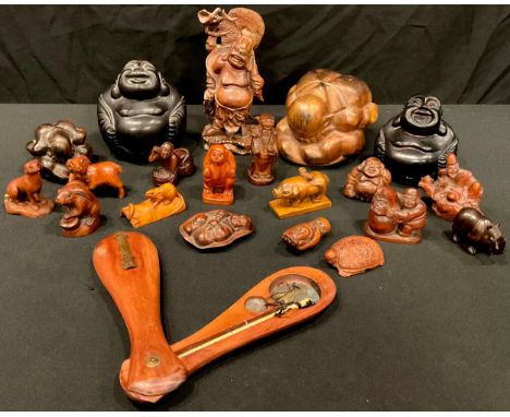 A carved hardwood netsuke, monkey, others, pig, ram, mouse, tortoise, dog, rabbit, rhino; other Chinese and Middle Eastern ca
