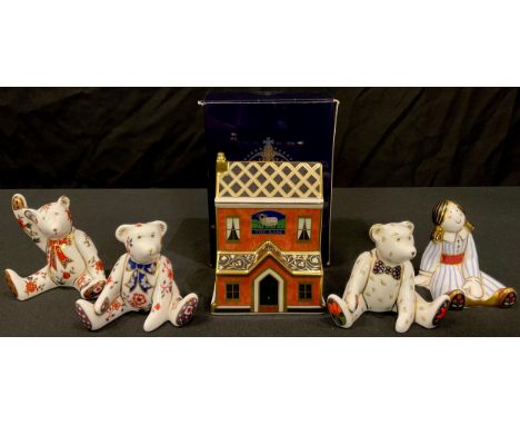 A Royal Crown Derby model, The Ram Public House, boxed; a Treasures of Childhood Rag Doll; three seated teddy bears, all firs