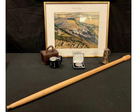 Manton Colliery - an air flow meter, cased; a souvenir medallion, boxed; an aerial photograph; a coalface yard stick; a minia