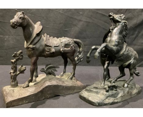 A late 19th/early 20th century bronzed metal model of a Marley horse, 18cm high; another, dray horse (2) 