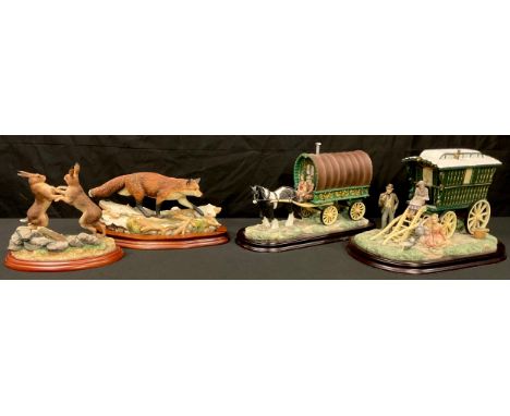 A Border Fine Arts fox model, Keeping His Feet Dry, BO225, 1995, 30cm wide; another, Hares, The Boxing Ring, A0459, 2000, 18c