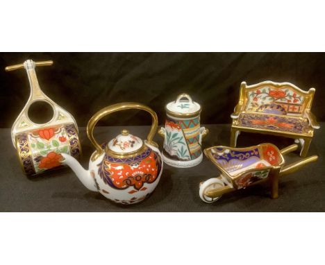 A Royal Crown Derby Imari palate miniature, Garden Roller; others, Garden Bench, Wheelbarrow, Milk Churn, Kettle (5) 