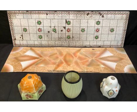 An Art Deco enamel splashback, 38cm x 122cm; another; a 1930's glass ceiling light shade, decorated with blackberries; other 