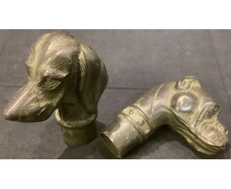 A bronzed metal walking stick handle modelled as a Boxer dog; another (2) 