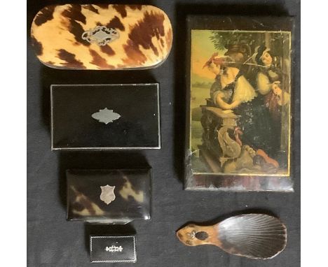 A 19th century continental Toleware cheroot tin, 12cm long; a 19th century gold coloured metal mounted tortoiseshell rectangu