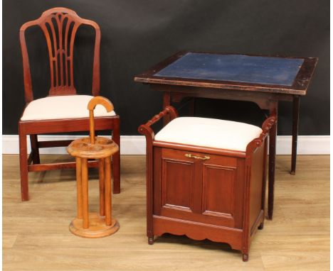 An early 20th century patent square card table; piano stool; George III style side chair; walking stick or umbrella stand; fo