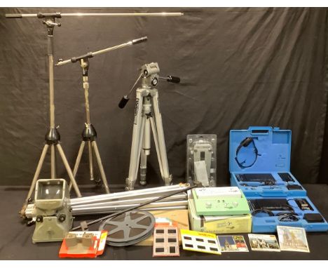 A Zeiss Ikon Moviscop; pair of video camera supports; another; two camera tripods; two sets of Audio Technica Microphone Solu