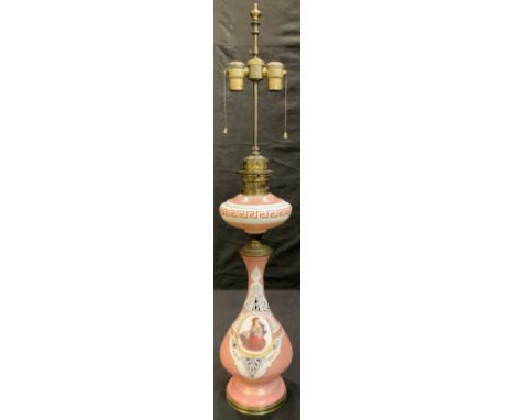 A 19th century Continental glass oil lamp, later converted to electricity, 89cm high 
