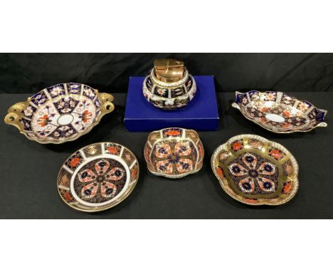 A Royal Crown Derby 1128 pattern petal dish; other 1128 trinket dishes; a 2451 duchess dish; others, trinket dish, table ligh