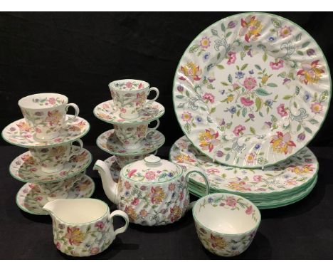 A Minton Haddon Hall pattern part dinner and coffee set, including bachelor's size teapot, milk jug and sugar bowl, six dinne