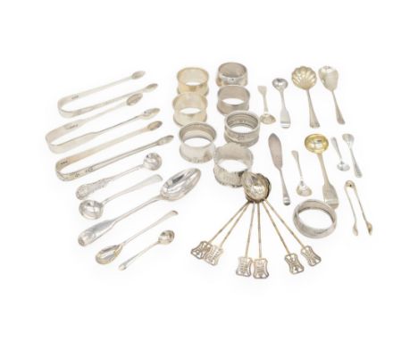 Collection of silver napkin rings and flatware, including set of Chinese bamboo design teaspoons with character mark finials,