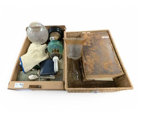 Collection of silver plated cutlery, brass oil lamp, family Bible and The History of England, etc in one box and basket