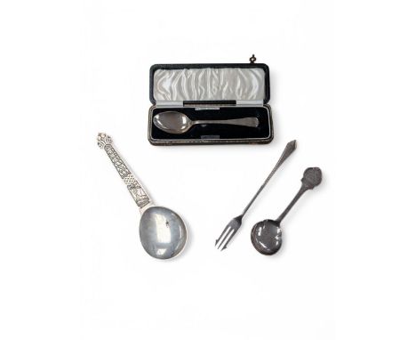 Scandinavian silver spoon, with long ship decoration to handle, stamped PGBB 925, together with a 830 standard Norwegian souv