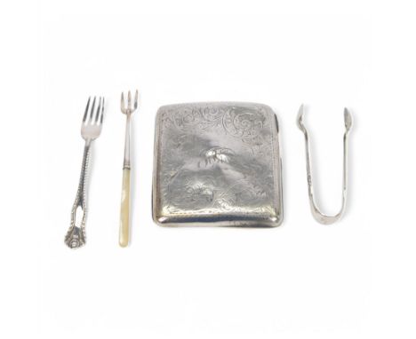 Early 20th century silver cigarette case, together with a small group of silver cutlery including mother of pearl handled pic
