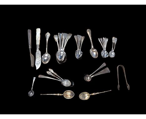 Collection of silver teaspoons, including souvenir and American silver examples, together with a silver handled fork and a mo