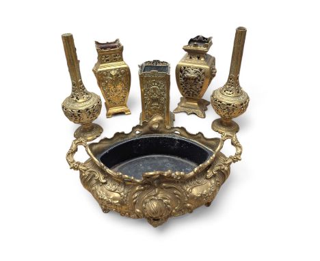 Brass twin handled planter, pair of pierced brass bottle neck vases and three other brass vases