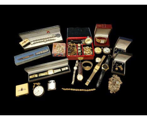 Pair of 9ct gold stud earrings and a 9ct gold gate bracelet, silver pocket watch and other silver jewellery and a collection 