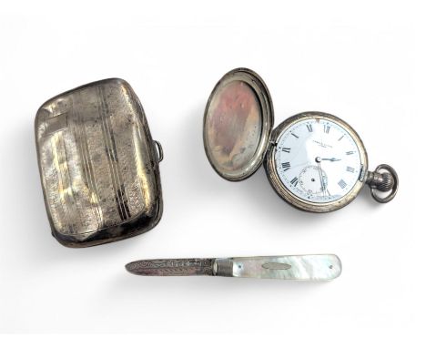 Silver Harris Stone full hunter pocket watch, together with a silver cigarette case and a mother of pearl handled silver frui