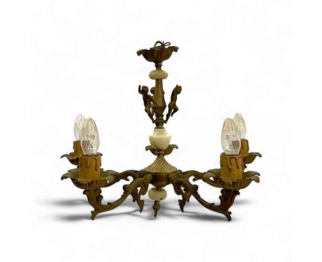 Early 20th century gilt brass and alabaster five-light chandelier, central column surmounted by a fluted urn and adorned with