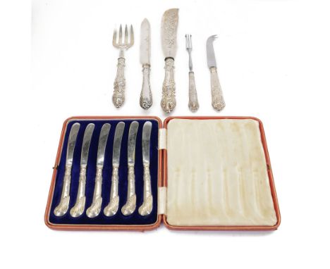 Victorian silver carving knife and fork, with silver handles and silver blades/prongs, hallmarked Birmingham 1851, maker's ma