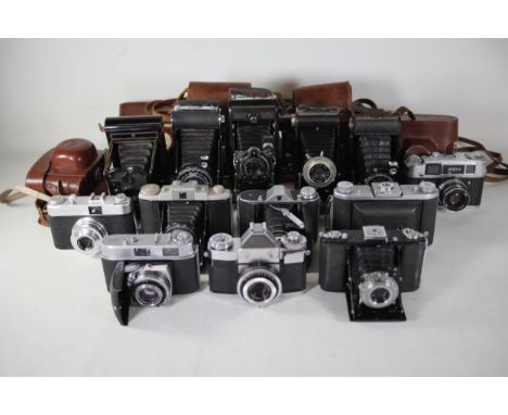 13 various vintage folding cameras. All of these cameras are being sold as untested. Camera list as follows retina 2 c, Zeiss