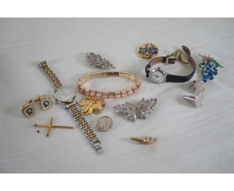 Costume Jewellery Collection with Watches, Enamel Brooches, Art Deco Stone style Bracelet, Cufflinks, and Marcasite Butterfly