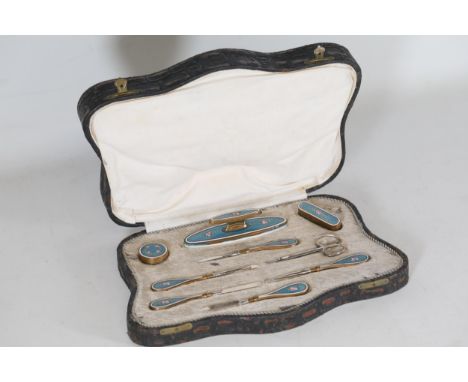 Vintage Boxed Enamel Manicure Dressing Table Set - Complete with 9 pieces with a floral enamel design.