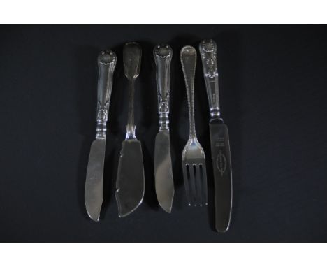 Young Victorian Head Silver Fork and Victorian Silver Knives (Set of 3) with Silver Victorian Fish Knife- Young Victorian Hea