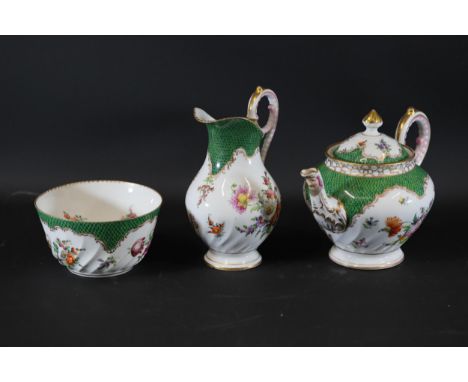 Hand Painted Dresden Teapot, Jug, and Bowl Set with Floral Decorations and Gold Edging, featuring a King's Face at the Tip of