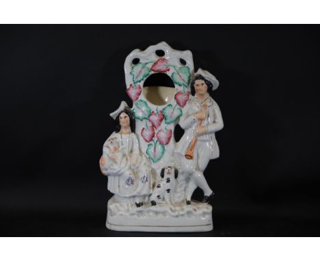 Antique Staffordshire Figurine, Pocket Watch Holder - Shepherd Girl with Dog and Man Playing Flute - Dimensions: H31.5cm x W2