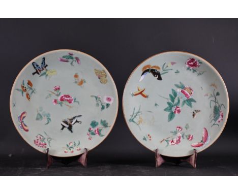 Ground Celadon Painted Enamel Chinese Plates with Butterfly and Rose Design, Signed to the BottomThese plates are a pair of C