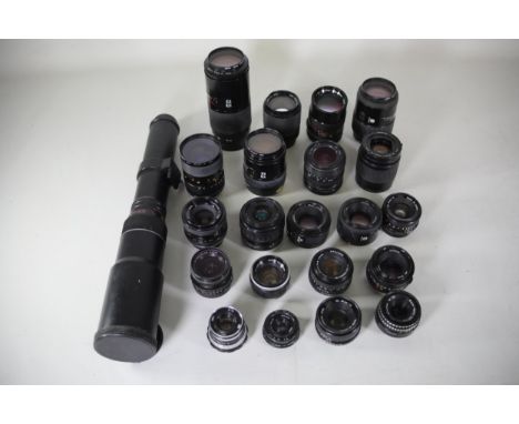 Collection of 22 camera lenses: 1. MAREP 500m - Fungus present.2. Minolta AF zoom 70-210mm - Clear.3. Tamron Sp 35-80mm adapt