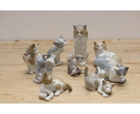 Collection of Lladro and Nao cat figurines, 9 in total