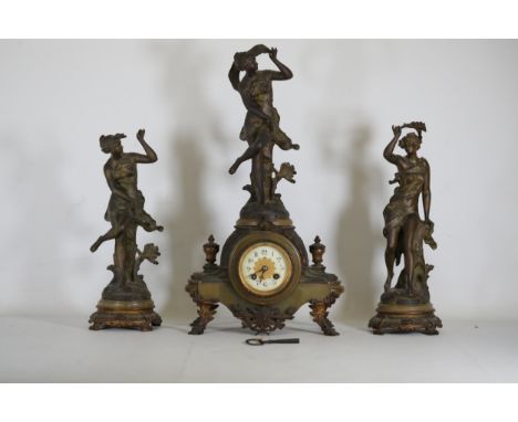 Art Nouveau Spelter Clock Garniture with 'Coup de Soleil' and 'Coup de Vent' Figures, French Made
