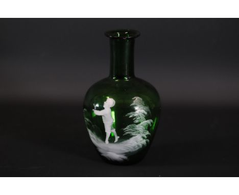 Mary Gregory Green Art Glass Bottle - Boy with Branch - USA, Early 20th Century - 18 cm TallThis is a Mary Gregory art glass 