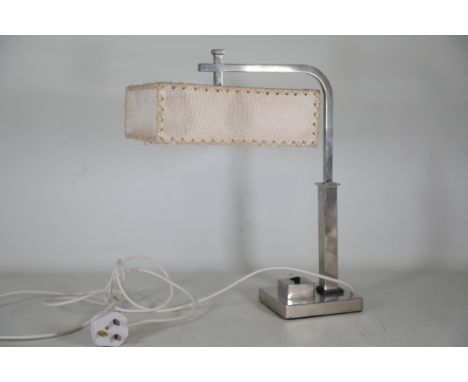 Art Deco Chrome Table Lamp with Square Base and Curved Neck, 45cm High This table lamp features an Art Deco design with a squ