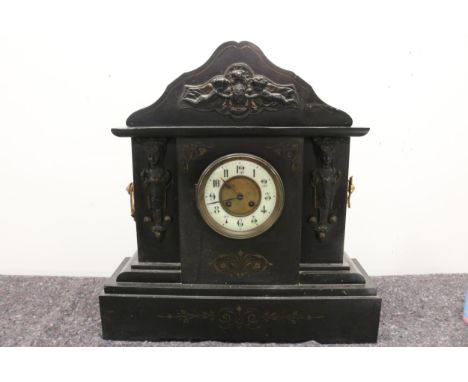 Victorian Slate Mantle Clock depicting Renaissance scenes, Cherubs holding an Urn.