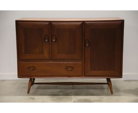 Vintage Mid Century Ercol Sideboard 467 in Golden Dawn - 1956 Design with Elm Top, Double Door Cupboard, One Drawer, Single C