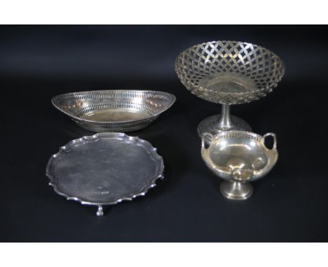 Set of 4 Antique Silver Hallmarked Items: Tray, Trinket Dish, Bon Bon Dish, etc. Total Weight 651 grams